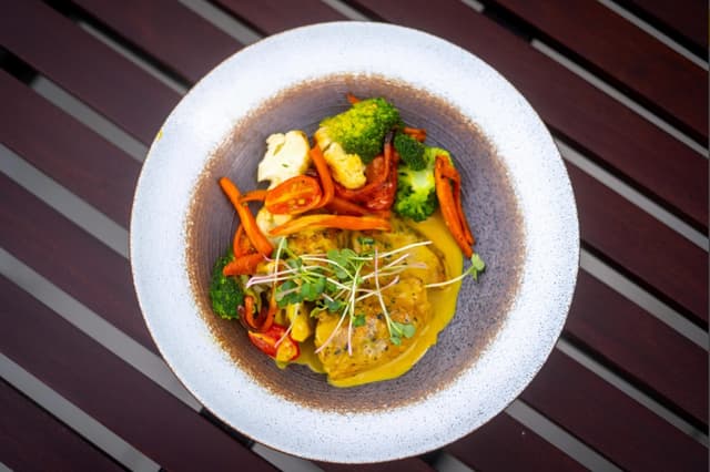 Pan-fried Fish Fillet, Roasted Veggies, Lemongrass Cream Sauce